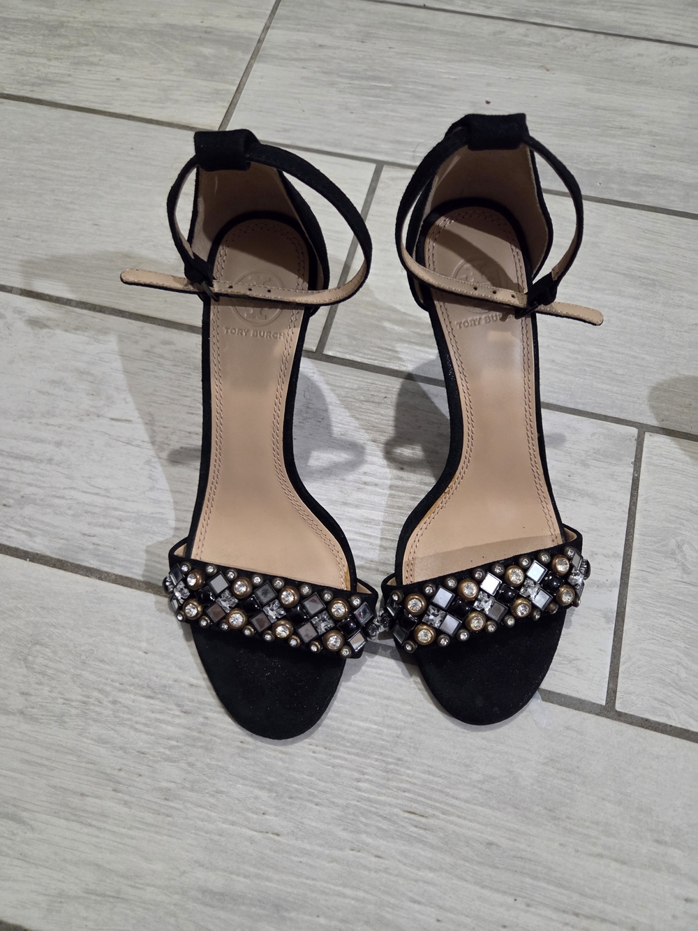 Tory Burch Black Embellished Jewled Ankle-Strap Sandals